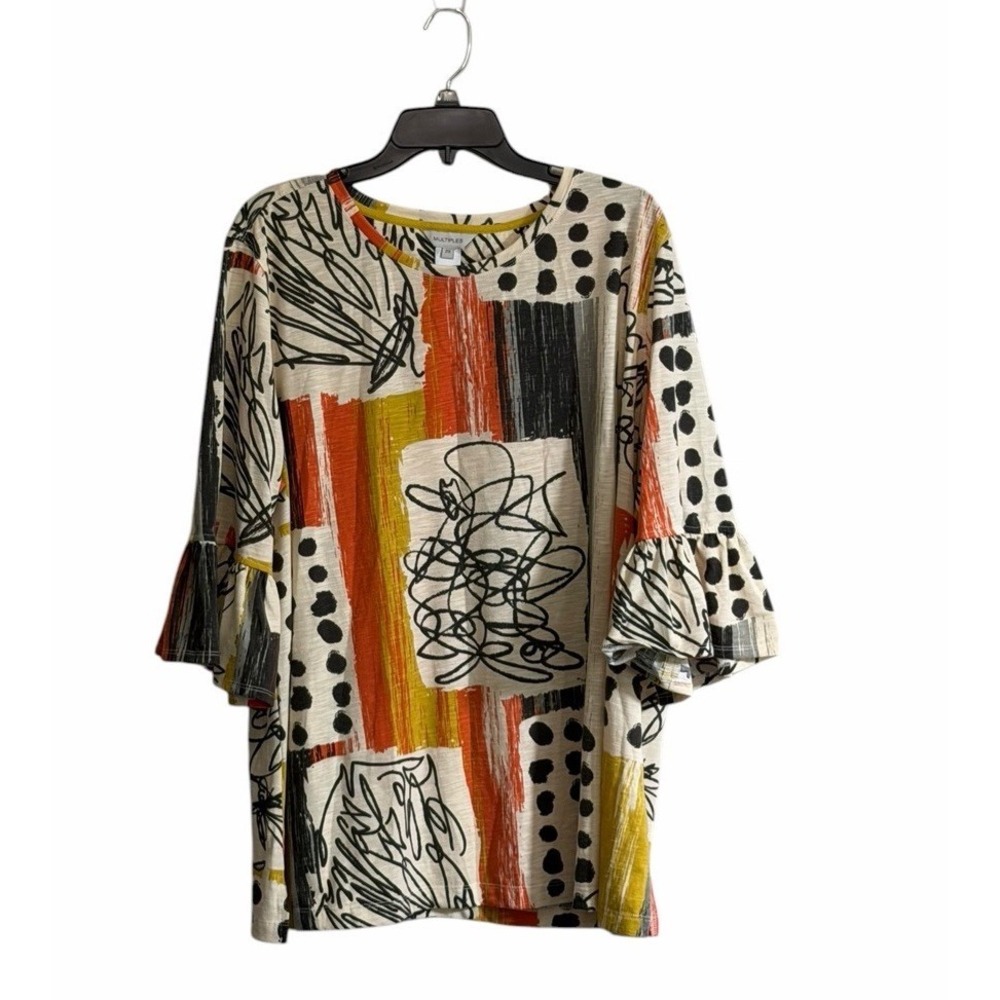 Multiples Tunic Blouse 2X Abstract Artistic Bell Sleeve Geometric Relaxed